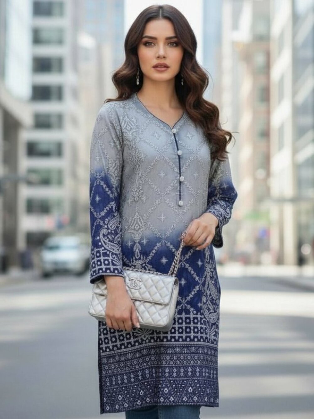 BOLLYWOOD Kurti Silk Dress Tunic L Embroidered DUBAI Custom Wedding Top Y2K